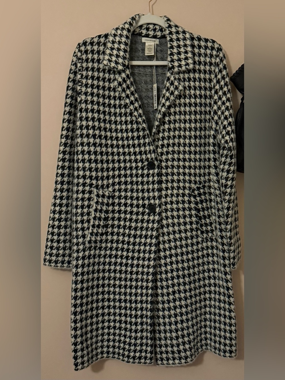 Max Studio Sweater Jacket Houndstooth Pea Coat - Black & White